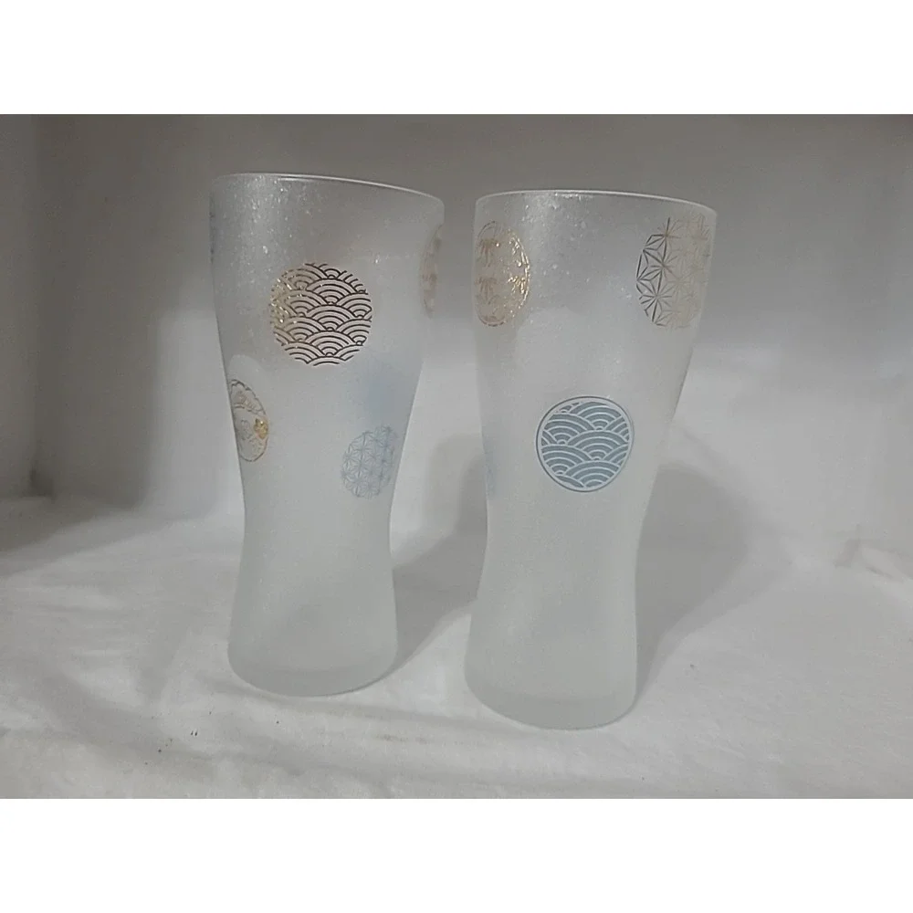 Aderia Frosted Beer Glasses Traditional Japanese Pattern Set Of 2